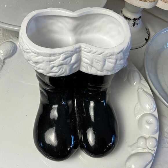 none Other - Absolute best! Vintage Ceramic Santa Boot Planter Black Boot Planter